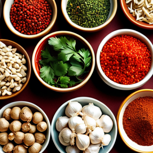Home 14 **A vibrant display of fresh Chinese spices and herbs, with ingredients like ginger, garlic, chilies, and cilantro artfully arranged. Focus on textures and colors to evoke the essence of authentic Chinese cuisine.**
