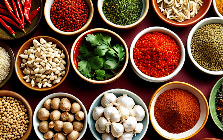 **A vibrant display of fresh Chinese spices and herbs, with ingredients like ginger, garlic, chilies, and cilantro artfully arranged. Focus on textures and colors to evoke the essence of authentic Chinese cuisine.**